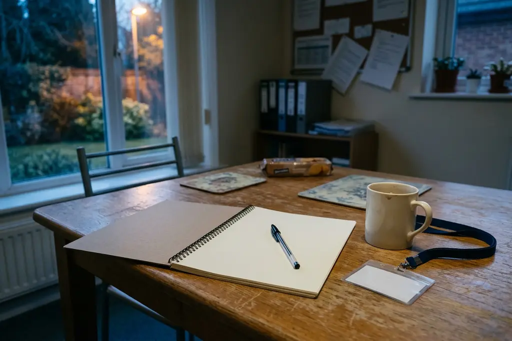 Care Certificate workbook and pen on a staff room table, ready for a training session