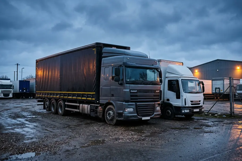 Articulated lorry and a rigid truck parked side by side, showing the two HGV licence classes