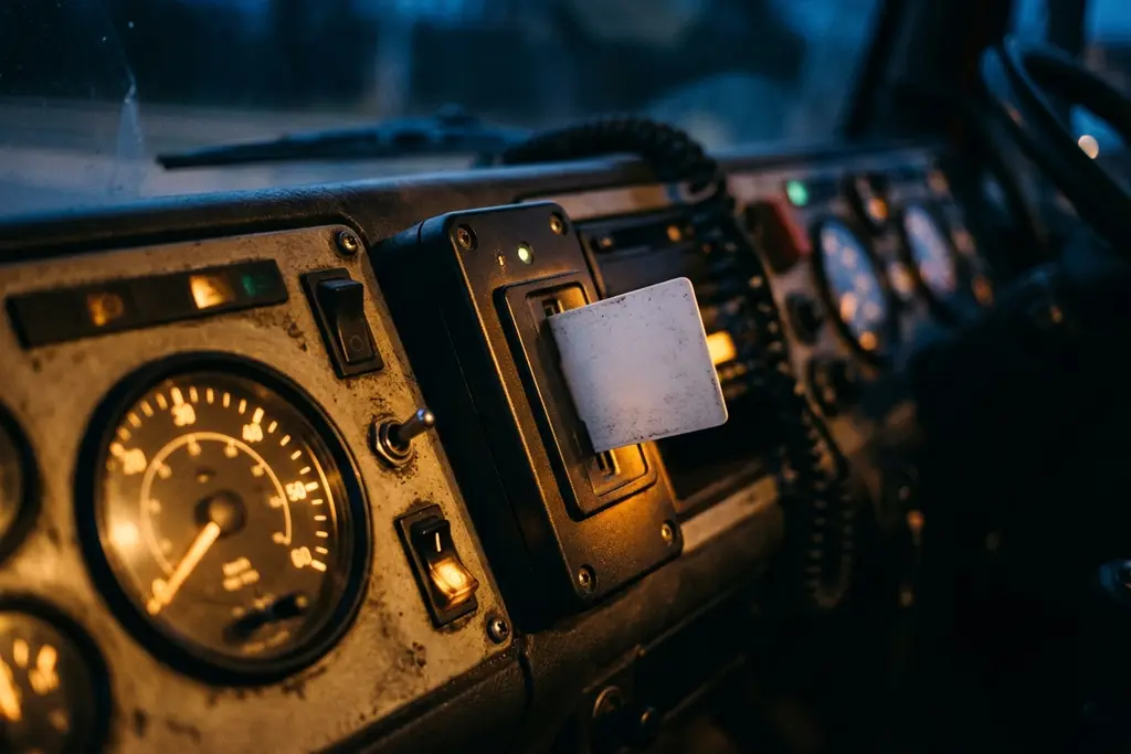 Digital tachograph and driver card in a lorry dashboard, used to record drivers hours