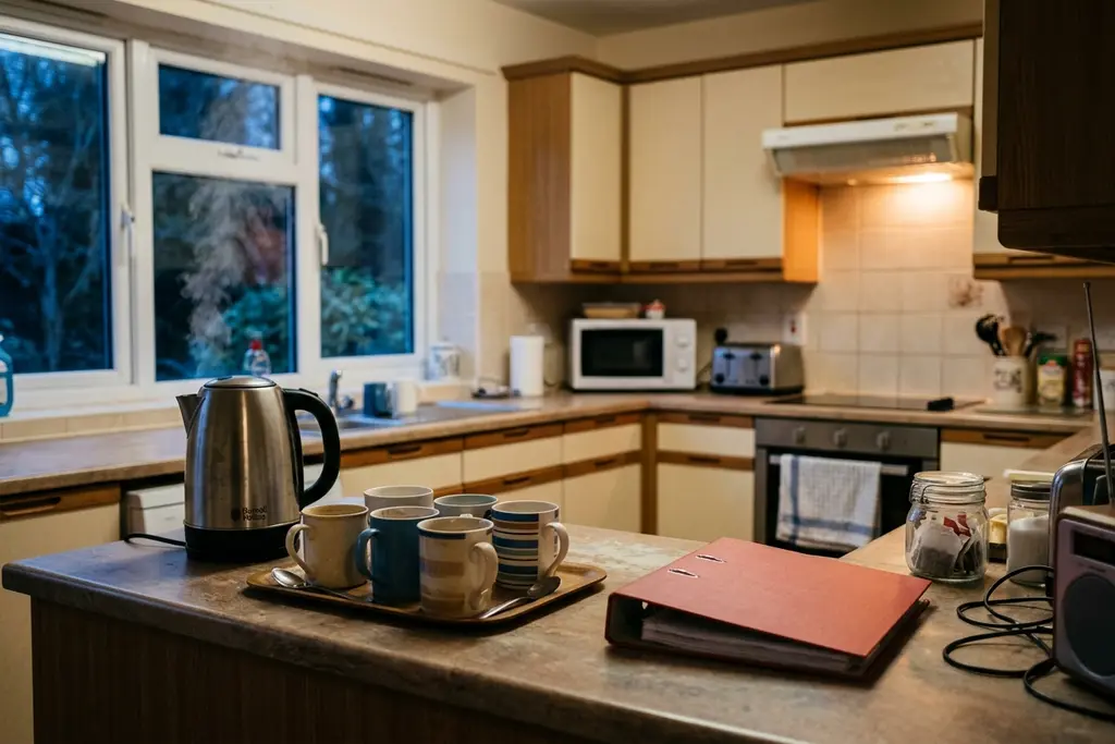 Care home kitchen at breakfast, with tea being made and a daily notes folder on the side