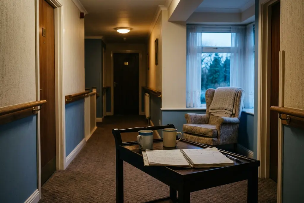 Early morning light in a care home corridor, with a handover notebook and tea on the trolley