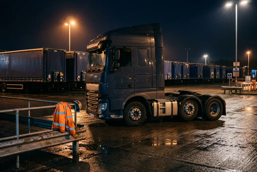 HGV tractor unit parked in a haulage yard before dawn, hi-vis jacket on the yard railing